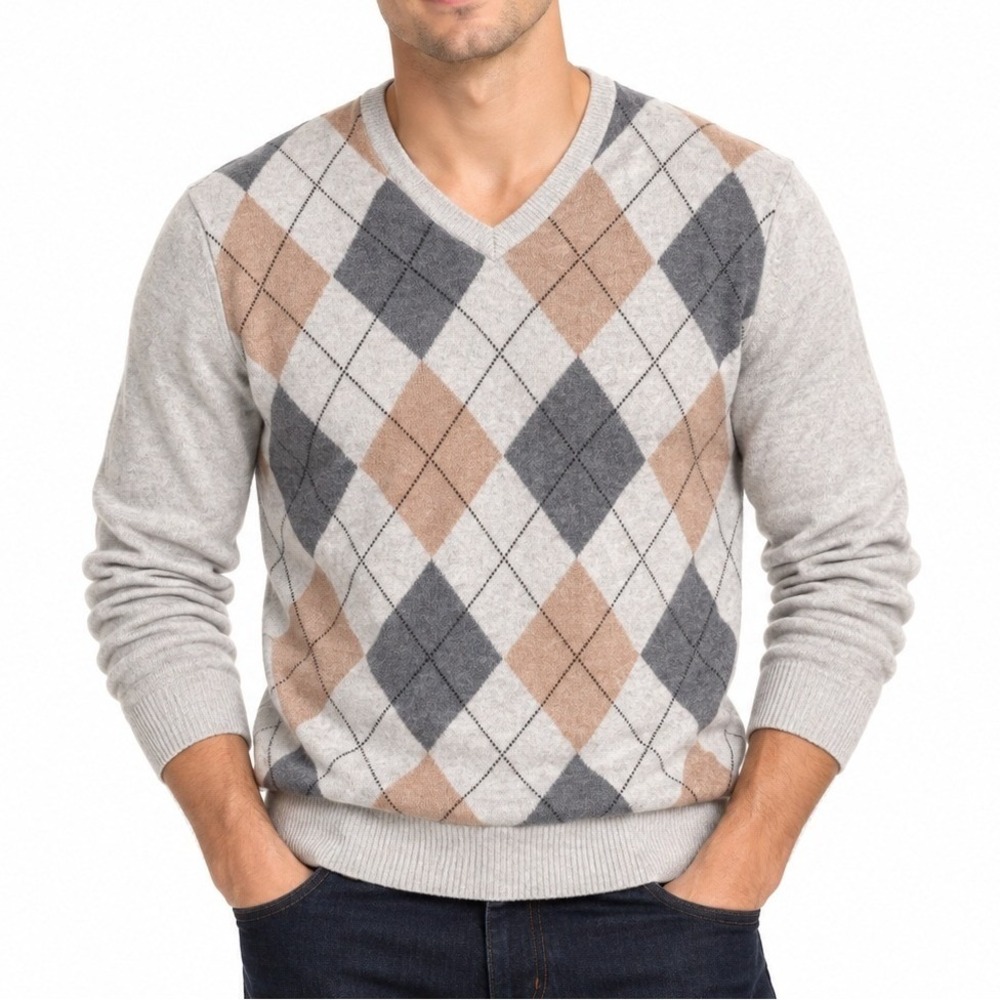 J.Crew Sweater Mens S Grey Argyle V-Neck Cotton Cashmere 82898 Preppy Classic